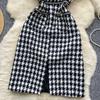 Autumn Winter Women Vintage Spaghetti Strap Houndstooth Tweed Party Short Split Dresses With Pocket