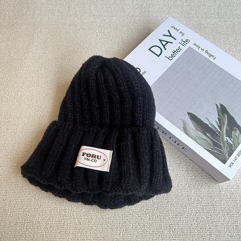 Knitted Woolen Hat Solid Color English Cloth Label Pullover Hat Autumn and Winter Warm Curled Casual Knitted Hat