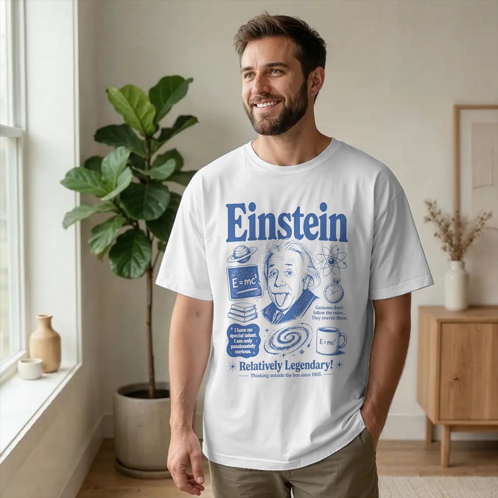 Albert Einstein Genius History T-Shirt Men Physicist Vintage Cotton Tees Round Neck Short Sleev