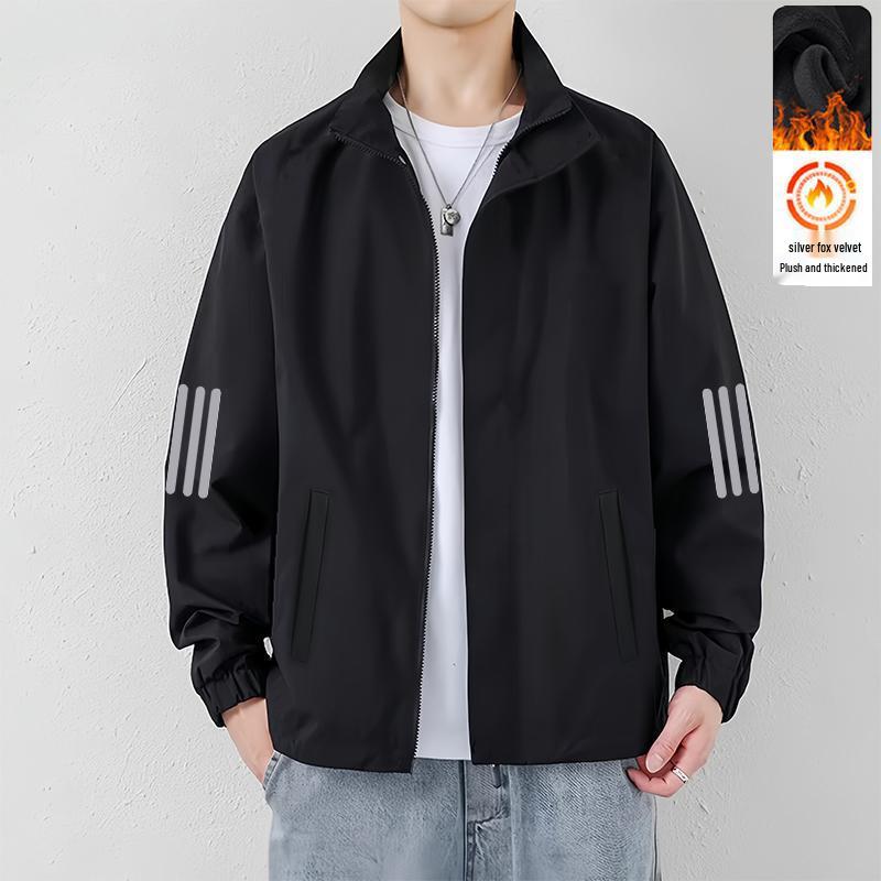 Men's Plus Velvet Stand Collar Baseball Jacket - Autumn/Winter, Loose Fit, Solid Color