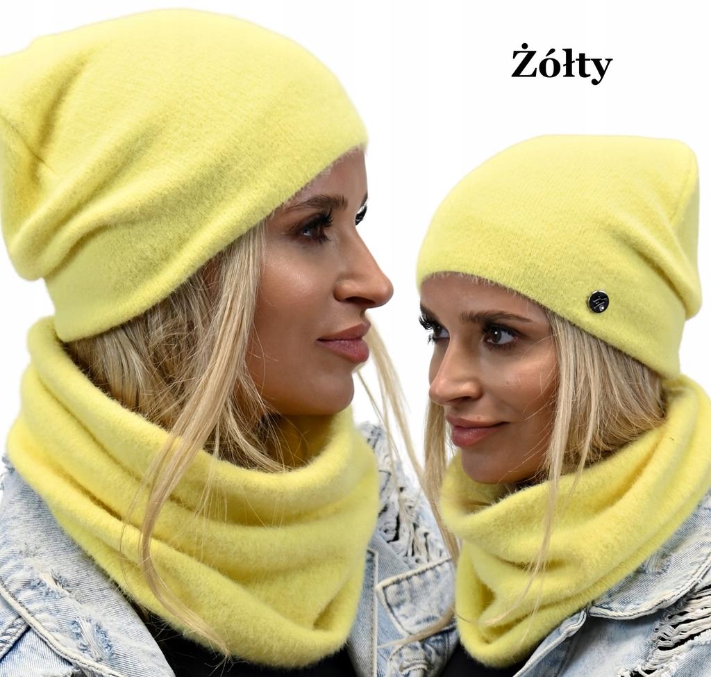 Ciepły Zimowy Komplet, Kobiecy Miły W Dotyku - Czapka Komin Tuba Al1- Żółty