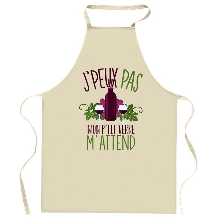 Tablier de cuisine - Planetee - Motif "verre de vin J'peux pas" - Coton résistant - Impression France