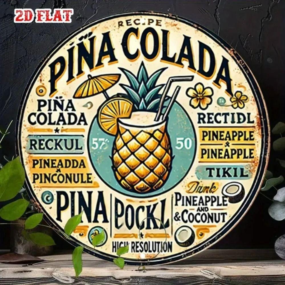 Retro Pineapple Cocktail Tin Sign, 20cm Metal Wall Art Pineapple Drink Man Cave Decor, Vintage Bar Pub Plate, Round 20cm