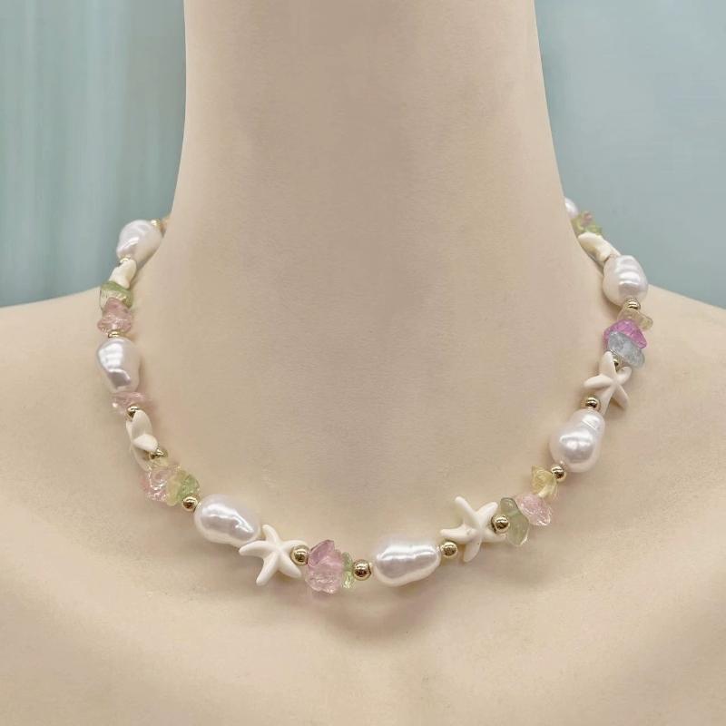Bohemian Rice Beads Starfish Pendant Necklace for Women Handmade Imitation Pearl Colorful Beaded Choker Summer Beach Jewelry
