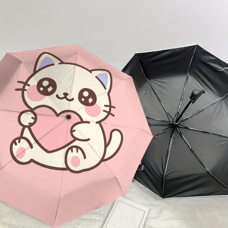 Adorable Kitten Heart Love Print Umbrella - Automatic Opening & Closing, Outdoor Travel Accessory, Lightweight and Durable 160
