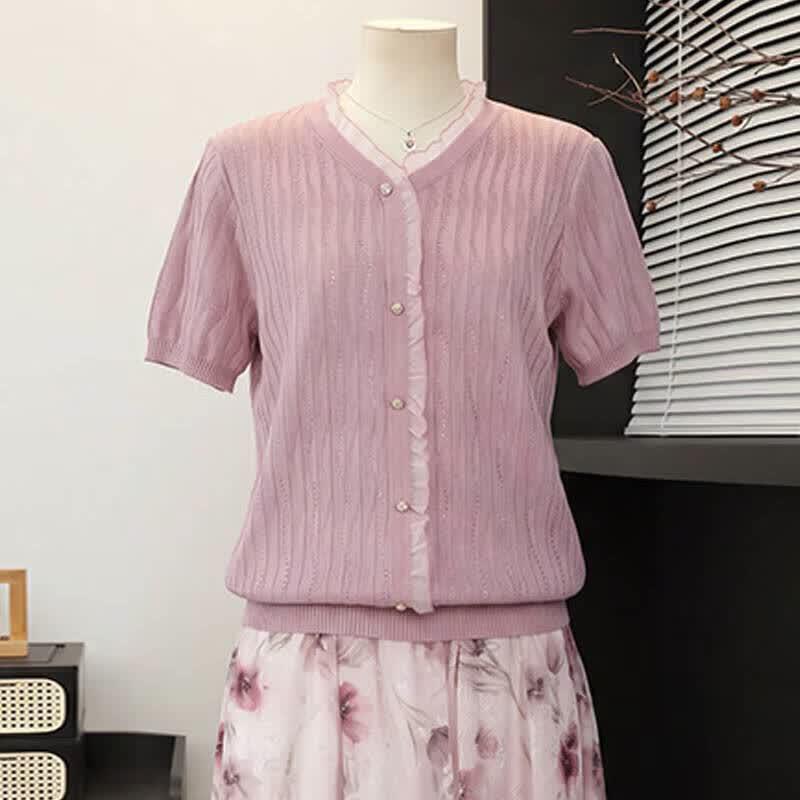Women s Elegant Floral Ice Silk Short Sleeve Blouse 3XL