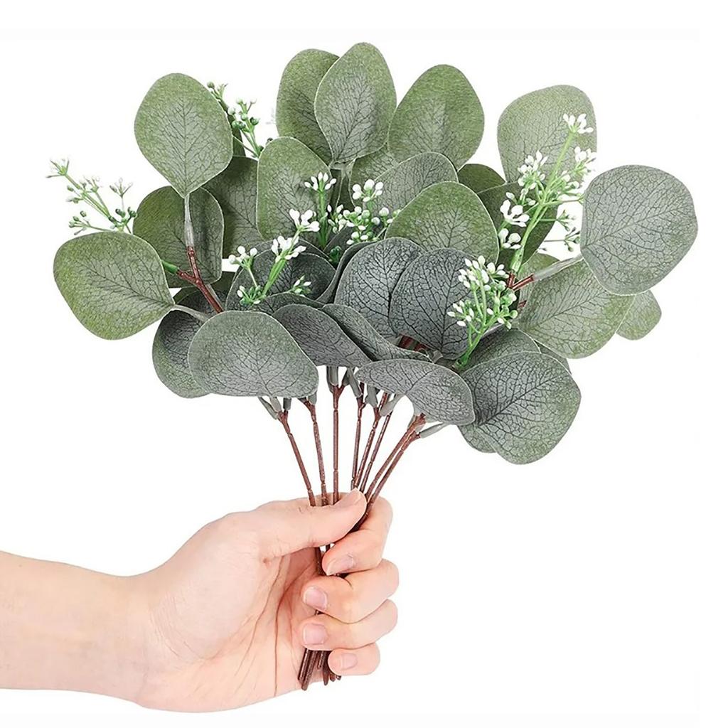 24Pcs Artificial Eucalyptus Stem Branches Round Eucalyptus Leaf with White Flower Decor Artificial Wedding Decor Plant