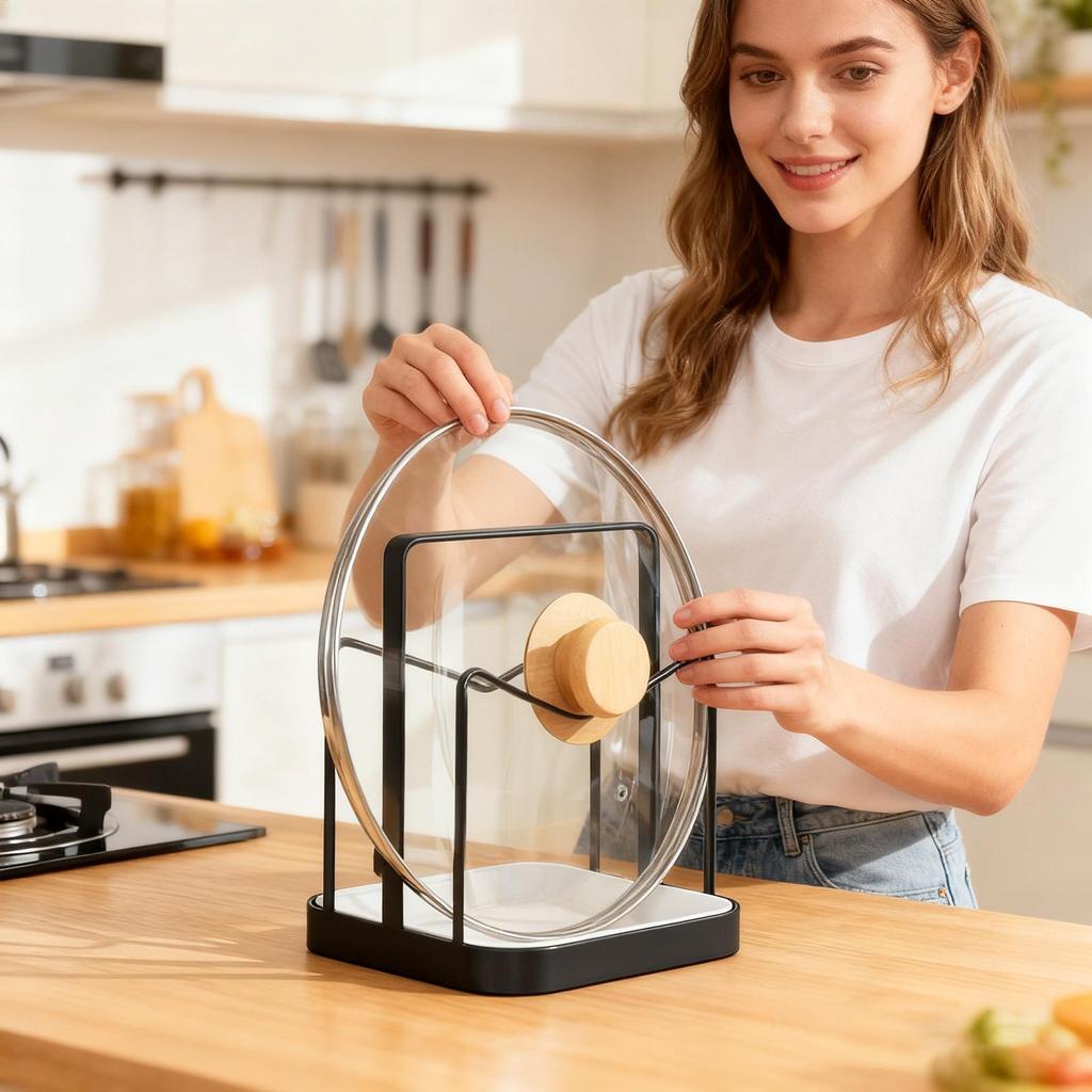 Pot Lid Organizer with Removable Tray Countertop Pan Lid Holder Rack for Kitchen Cabinet Stove Space Saver Utensil Storage