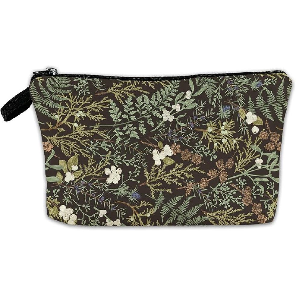 White Flower Floral Makeup Cosmetic Bag Blue Aesthetic Pouch Organizer Small Compact Cute Travel Mini Portable Beauty Toiletry Make Up Brush Storage