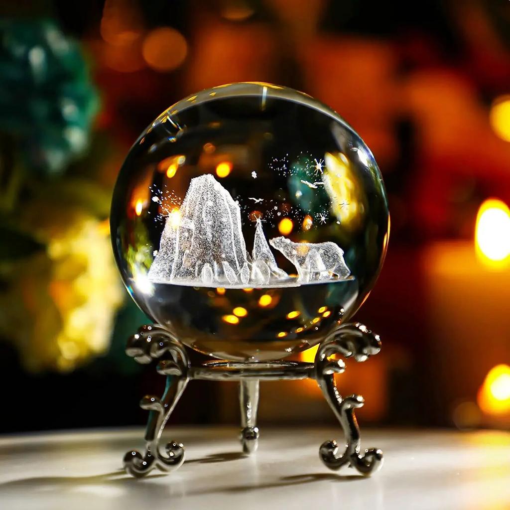 60mm 3D Crystal Ball Laser Engraved Glass Ornaments Animal Figurine Collectibles Paperweight Home Art Decor with Stand