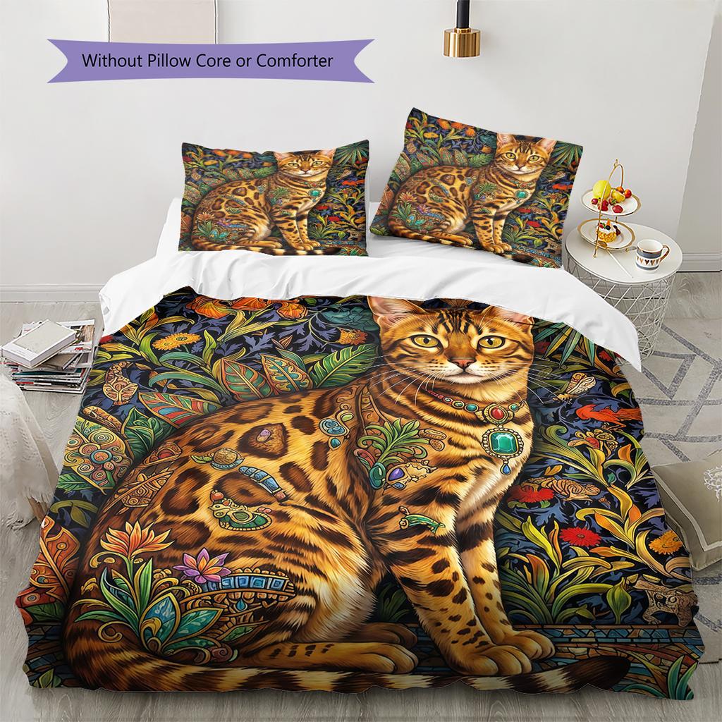 Flower Cat Crow Pattern Bedding,Quilt Set Quilt Cover Pillowcase Home Birthday Gift (1 * Duvet Cover + 2 * Pillowcase, Without Core)
