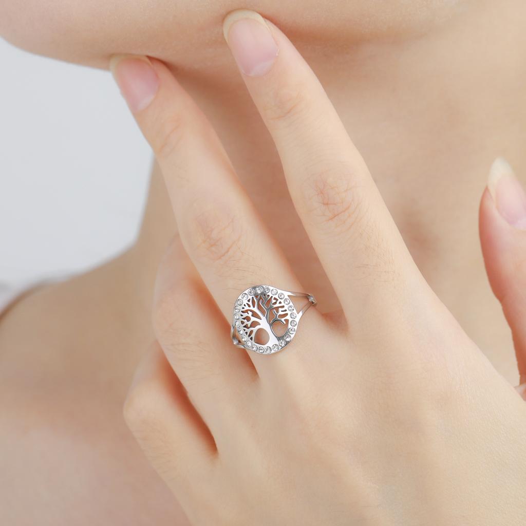 Teamer Tree of Life with Clear Zircon Ring Adjustable Stainless Steel Finger Ring for Women Girls Exquisite Amulet Jewelry