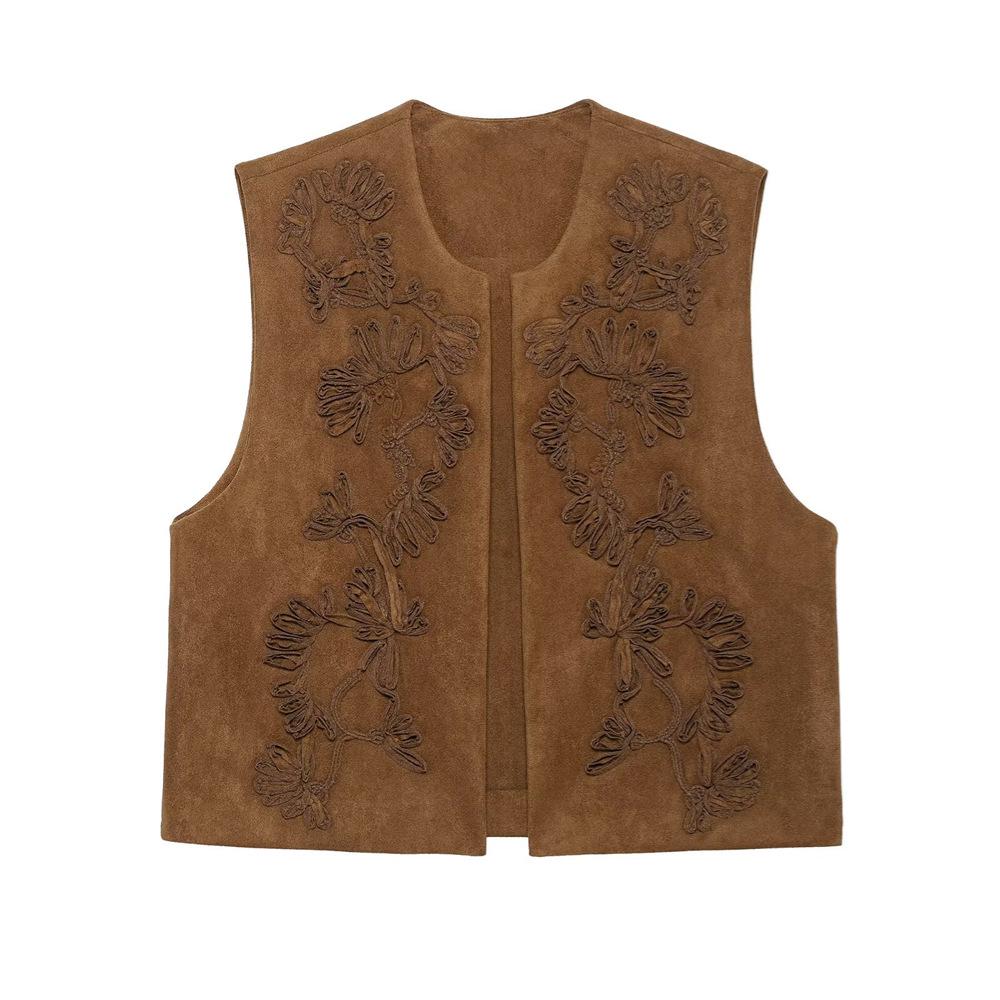 Spring/Summer 2025 Women's Slim Fit Velvet Embroidered Round Neck Vest