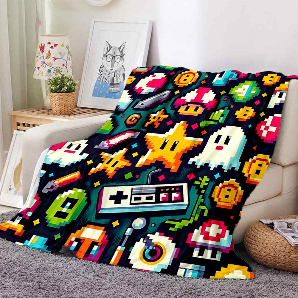 1pc Gaming PixelArt Flannel Throw Blanket HD Printed Lightweight Soft Warm All Season Blanket for Sofa, Bed, Travel, Camping Machine Washable