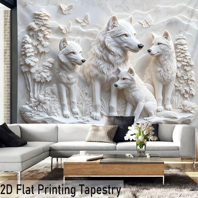 2D Marble Carved Wolf Family Background Cloth for Nature & Animal Lovers Room Decor