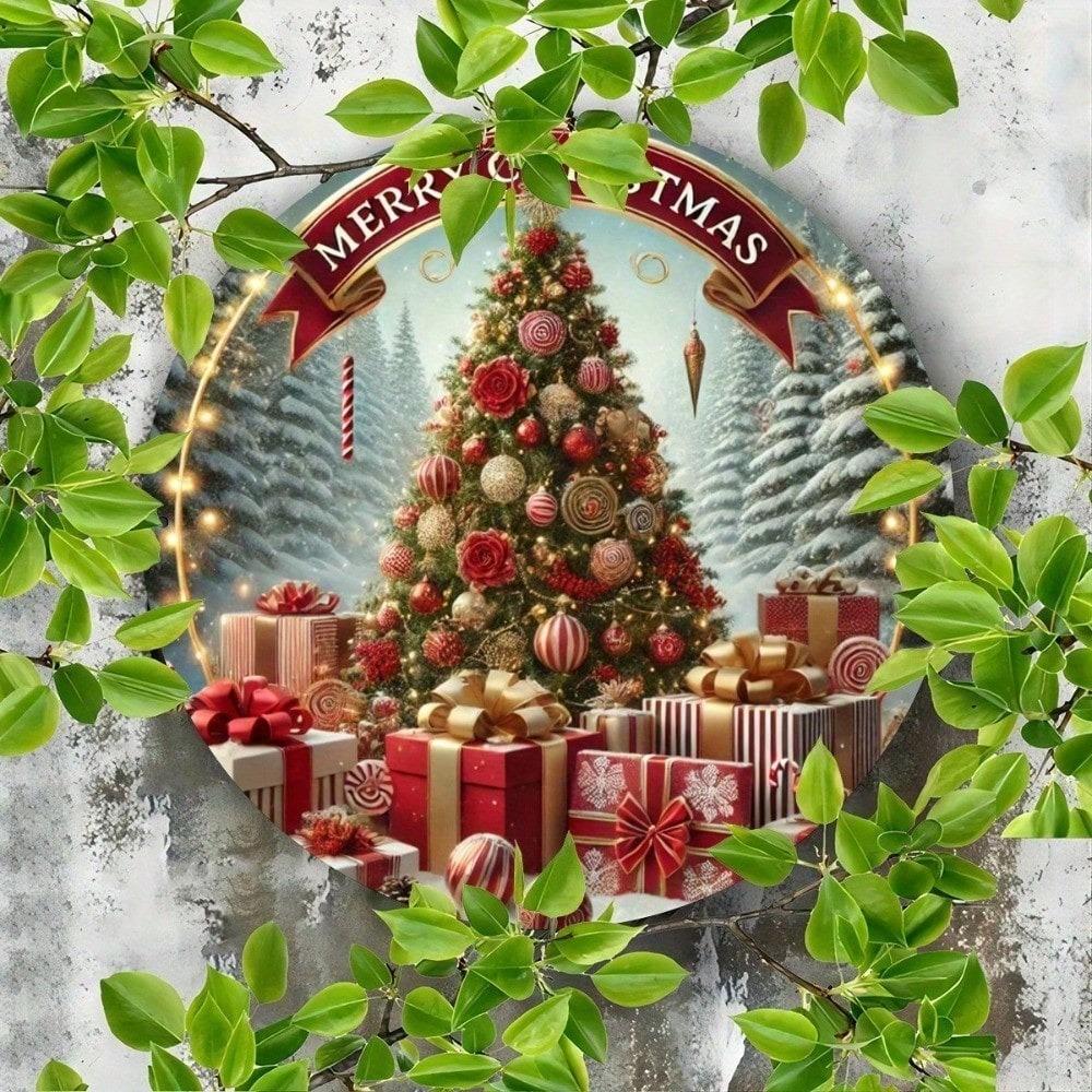 Vintage Christmas Tree Metal Wall Art Rustic Round Tin Sign Home Bar Decor