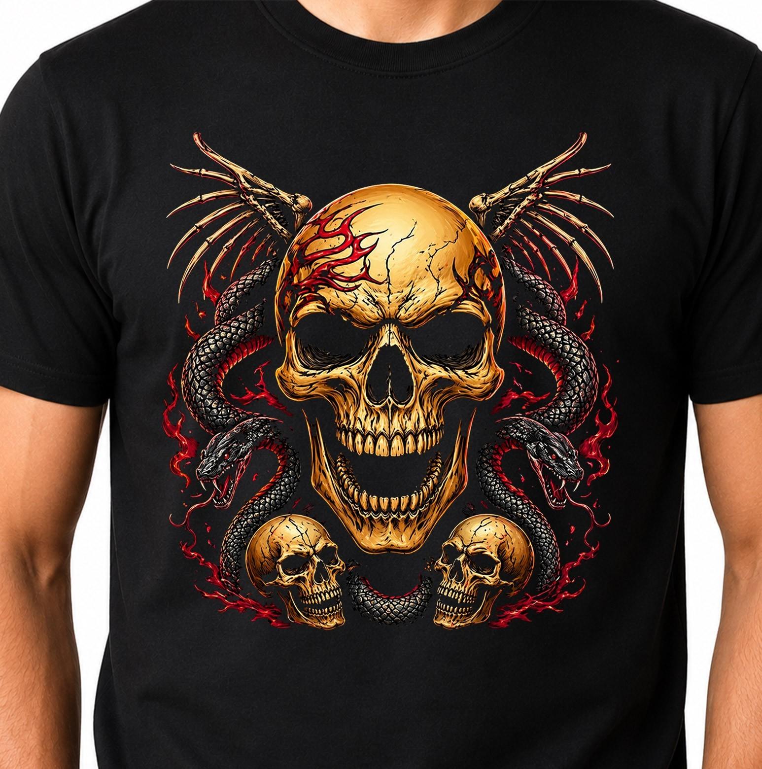 Golden Skull Snakes Bone Wings Fire Gothic Biker Horror Graphic T-Shirt. S