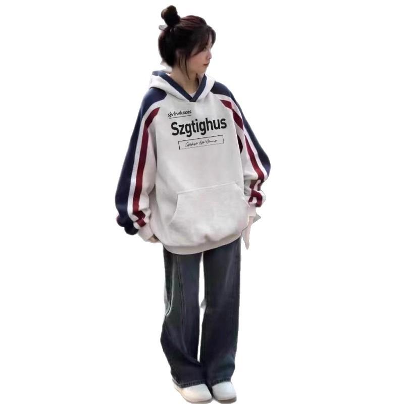 

Ретро Худи Мужское и Женское Осенне-Зимнее Американский Повседневный Свободный Топ с Цветовой Блокировкой L