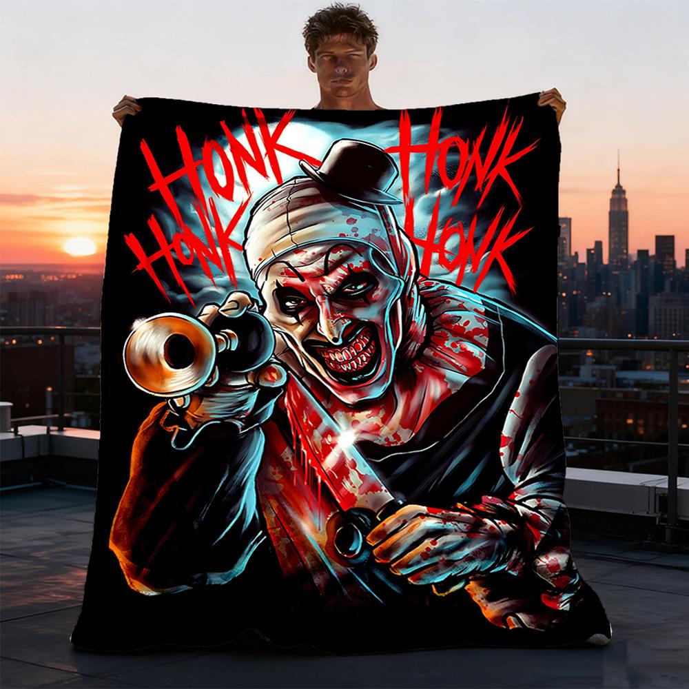 1pc Horror Clown Outdoor Flannel Blanket, Lightweight Warm Cozy for Travel Camping Office Soft Polyester Fabric