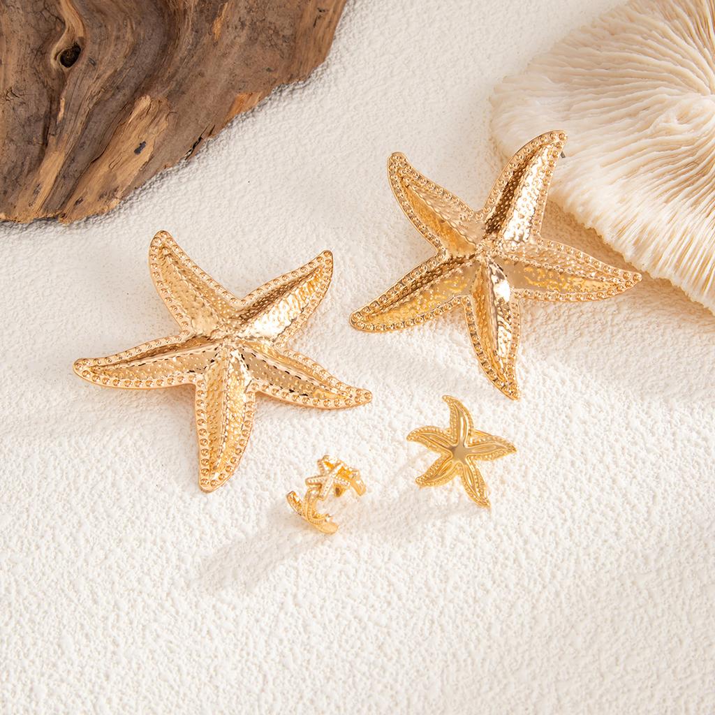 Bohemian-Style 4pcs Starfish Earrings Set Summer Beach Vacation Ear Clip Jewelry Party Gift Metal Star Flower Stud Earring