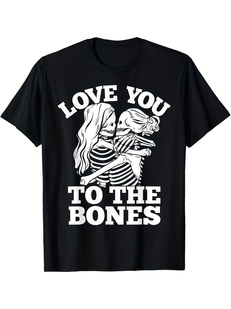Men's Gothic Love You to The Bones Embracing Skeletons Graphic TShirt Black with White Print Retro V