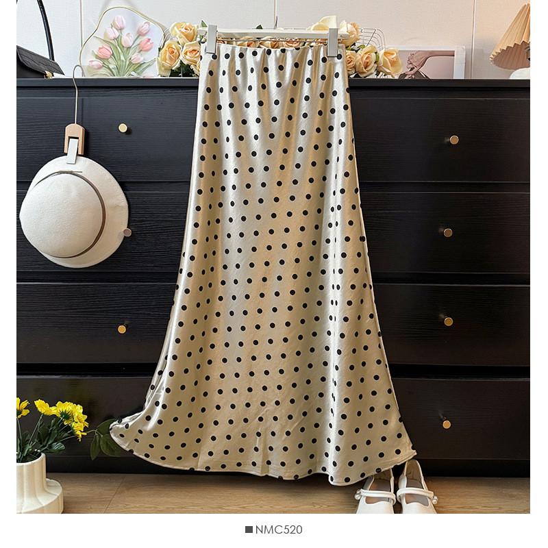 Qooth Retro Trendy Polka Dot Stain Mermaid Skirt Women Slim Mid Length for Spring Summer QT2611
