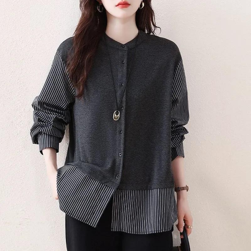 Fashion High-end Striped Stitching Fake Two-piece Shirt for Women  Autumn New Style Loose  Cardigan Top