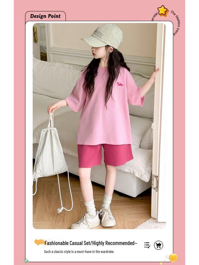 Summer 2026 Girls' Cartoon Print Two-Piece Set: Casual Loose T-Shirt and Shorts