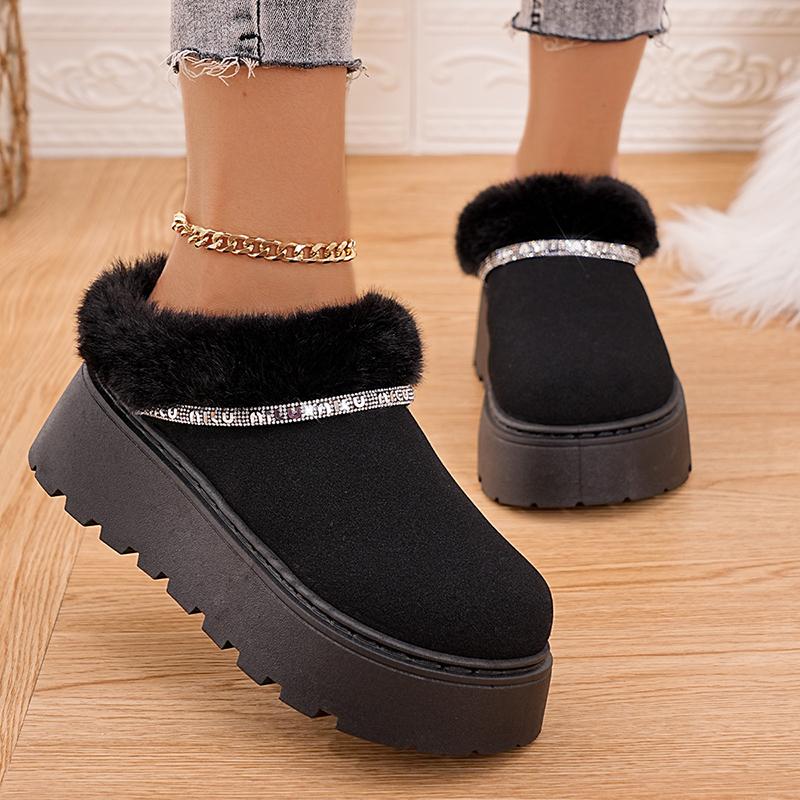 Fashion Crystal Strap Fur Ankle Boots Women Warm Short Plush Platform Snow Boots Woman Comfort Non Slip Thick Sole Cotton Shoes