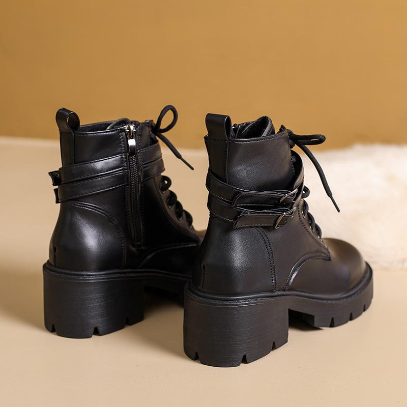 Dam-Martin-kängor med tjock sula och rund tå, tunna sammetskorta stövlar med bältesspänne, 2025 höst och vinter, ny sidodragkedja, utrikeshandel, stor storlek, läder