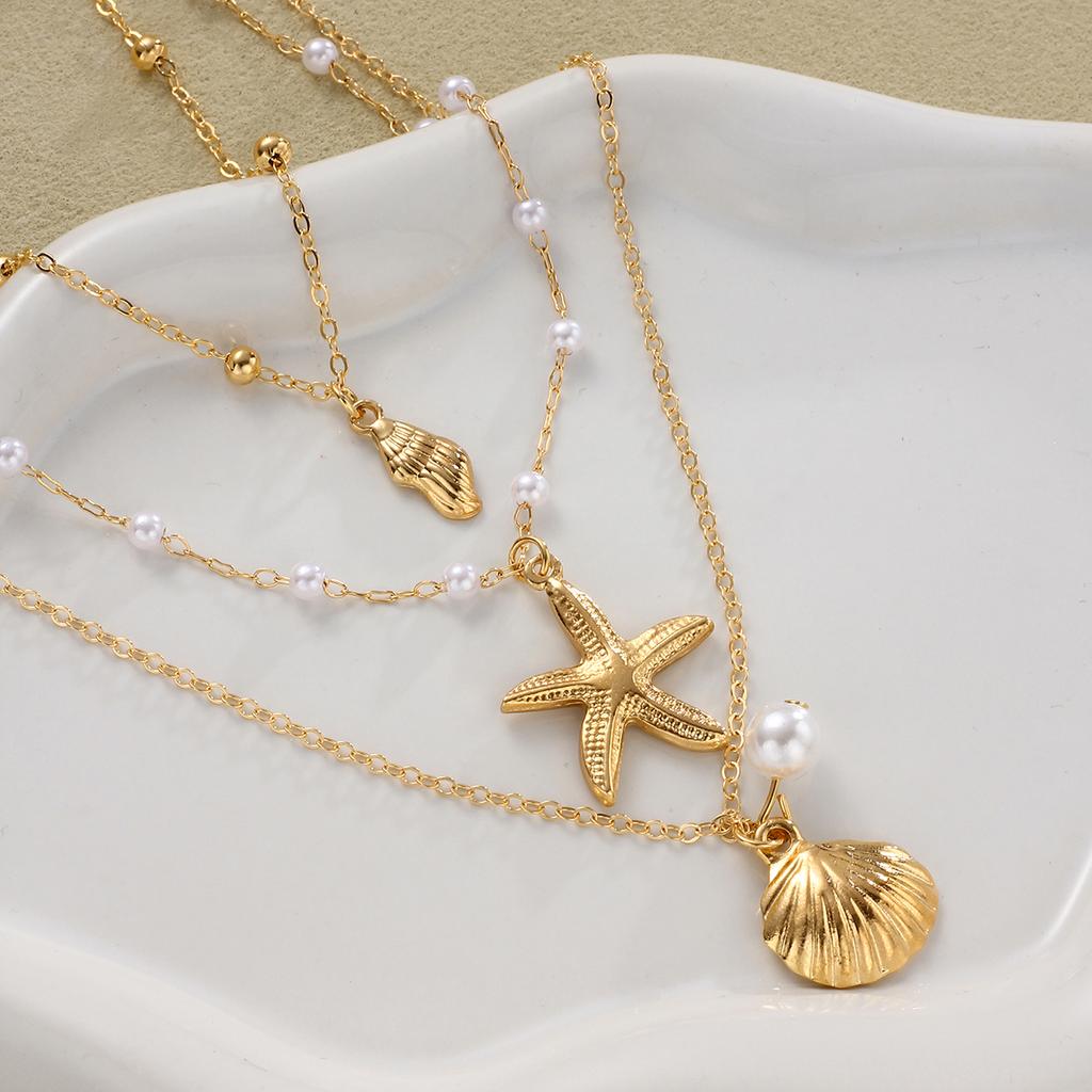 3pcs Bohemian Minimalist Starfish Shell Pendant Necklace Set for Women Rice Beads Metal Chain Choker Beach Vacation Jewelry Gift