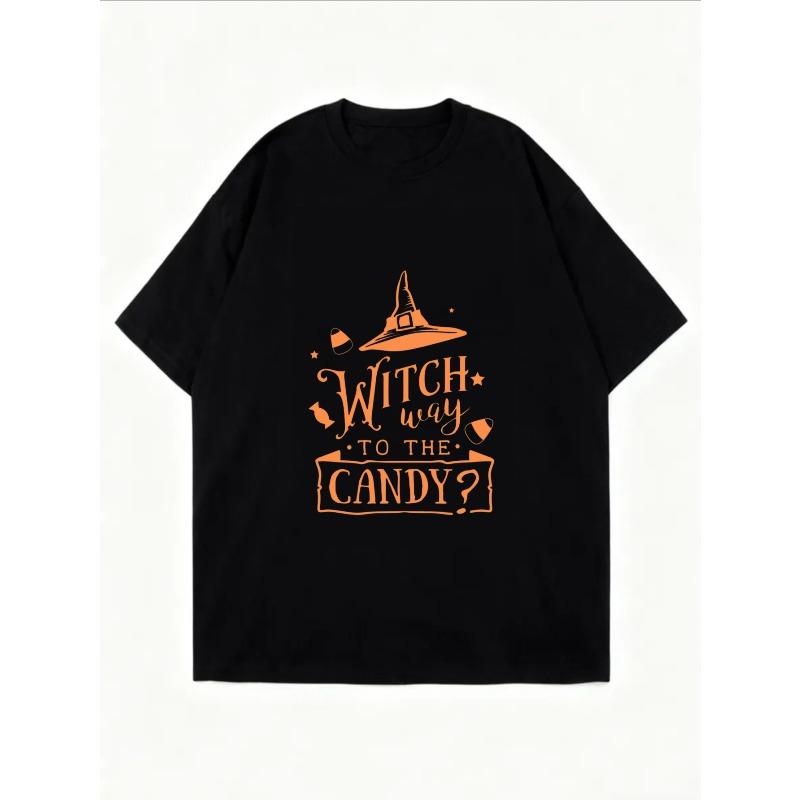 White Oversized T Shirt Witch Way To The Candy Halloween Print For Women Casual Autumn Outfit