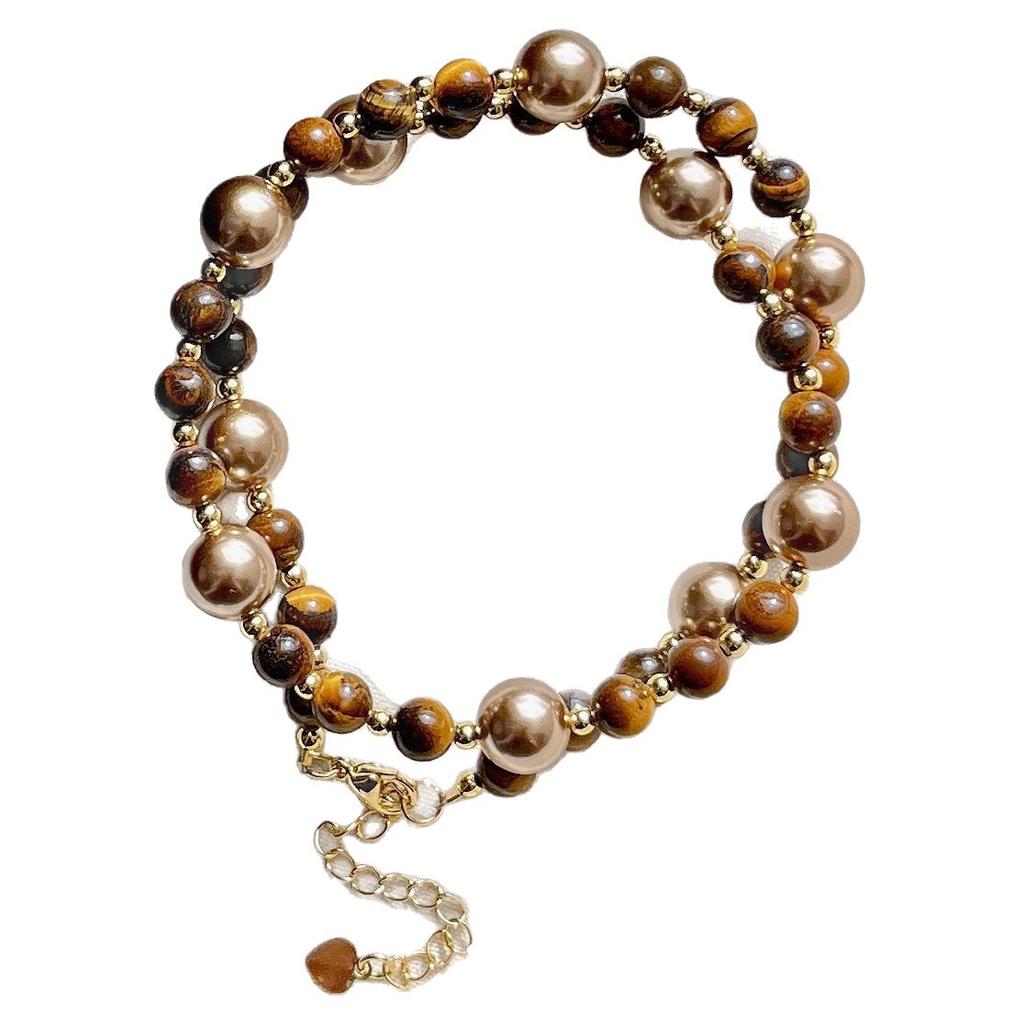 Maillard Boutique Natural Tiger'S Eye Stone Mocha Brown Pearl Design Sweater Chain Necklace Collarbone Chain