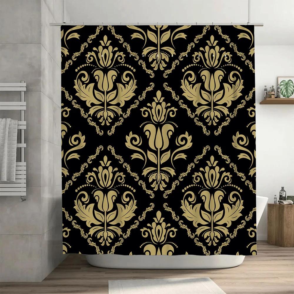 Vintage Damask Shower Curtain Luxury Gold Black Printed Shower Panel Set For Bathroom Decoration