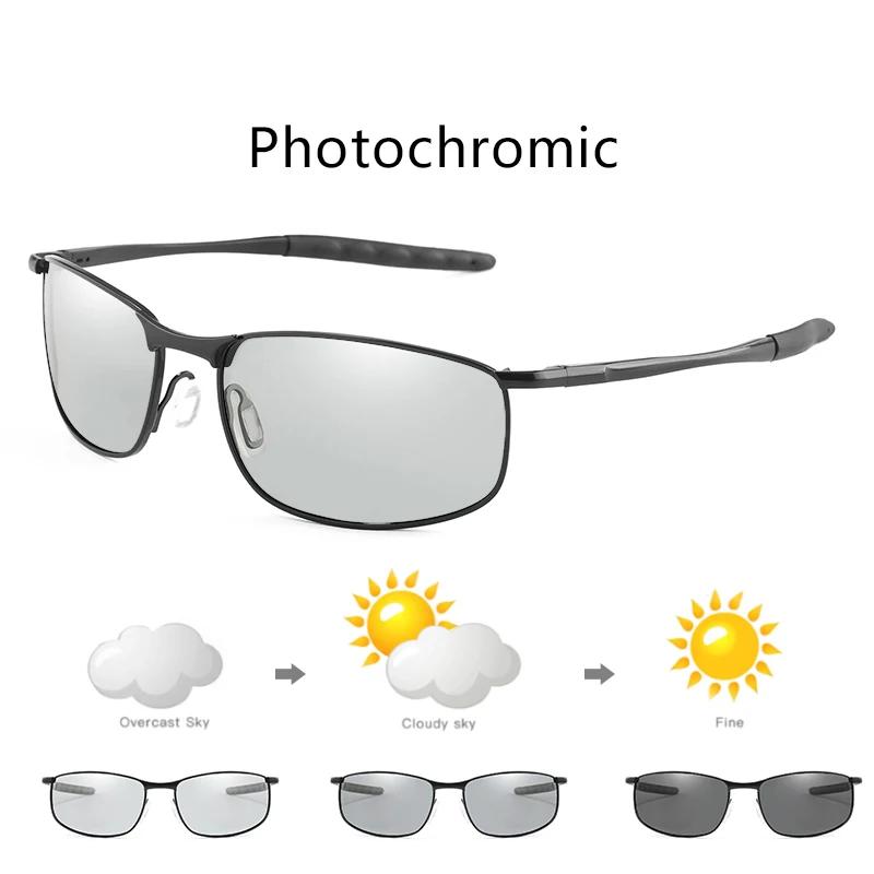 Lunettes de soleil photochromiques polarisées pour hommes Lunettes carrées en métal pour hommes Lunettes de soleil de conduite UV400 Lunettes de cyclisme pour sports de plein air