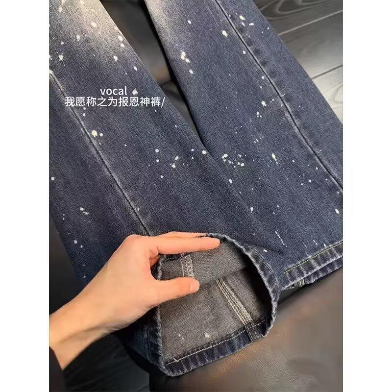 Blue splashing ink scimitar slightly pulled jeans men's cleanfit American high street loose wide-leg flared pants summer