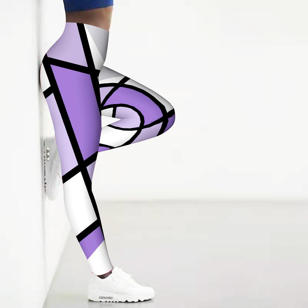 Womens Purple Square Prints Stretch Yoga Leggings Fitness Running Gym Sports Active Pants