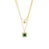 Gold Tone Double Layer Herringbone Chain Necklace with Emerald CZ Pendant