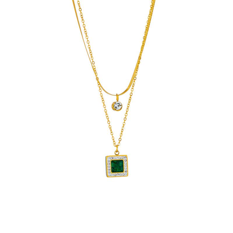 Gold Tone Double Layer Herringbone Chain Necklace with Emerald CZ Pendant