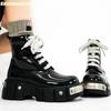 Fashion Metal Rivet Platform Women Boots Patent Leather Lace Up Novelty Fashion Motorcycle Boots 2025 Winter New High Top Ankle Boots