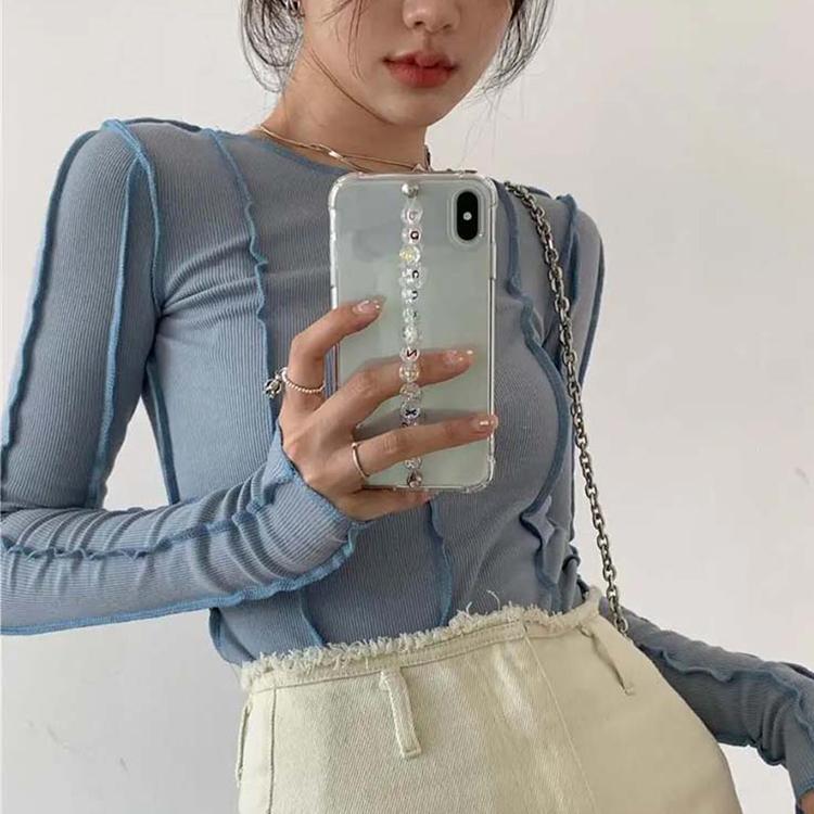 Long Sleeve T-shirts Women Spring Solid O-Neck Elegant Bright Line Decoration Slim Casual Soft High Quality Ladies Clothing Tees