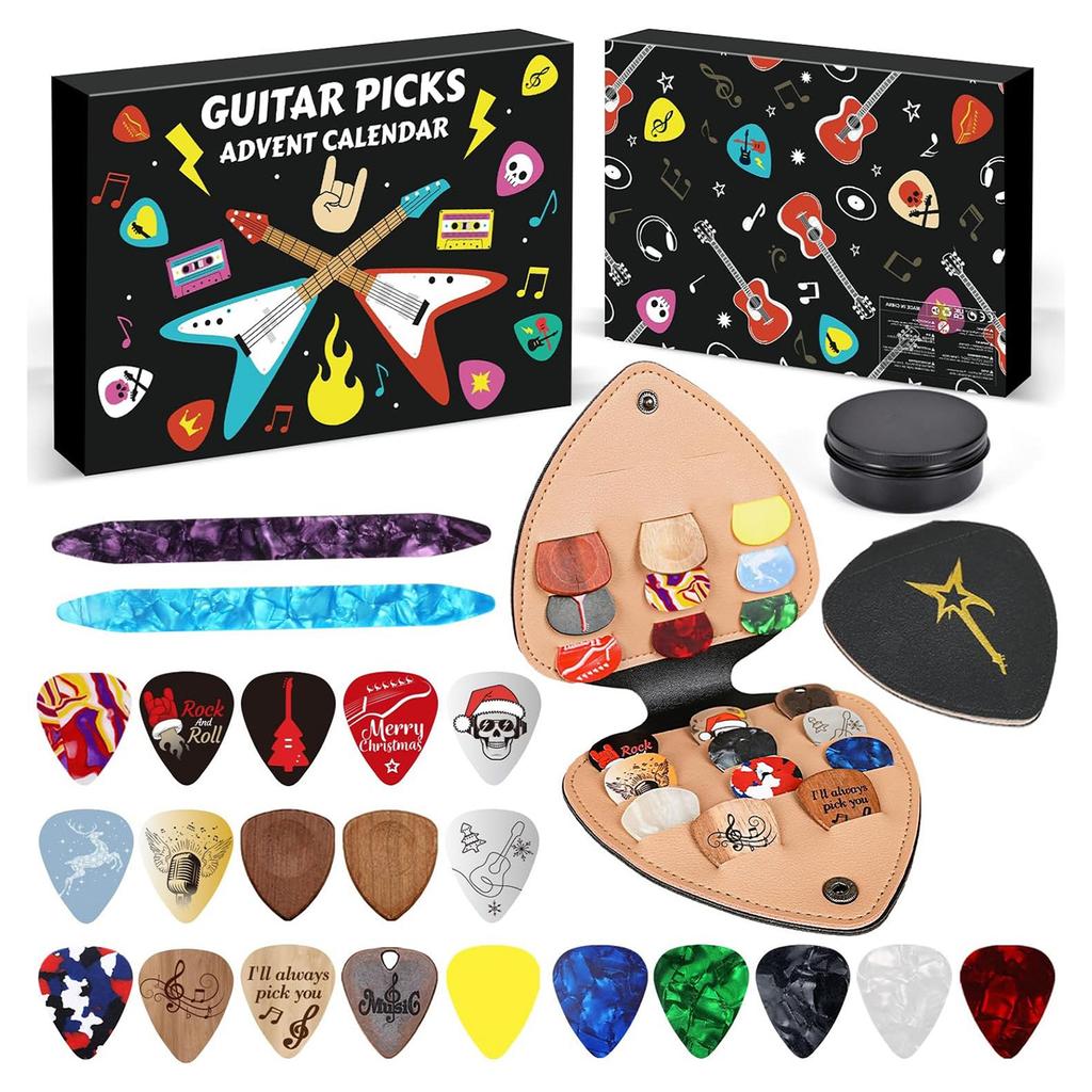Guitar Picks Musical Countdown Calendar 2025 24 Days Surprises Gift Box Celluloid/Wood Picks Gift for Guitar Bass