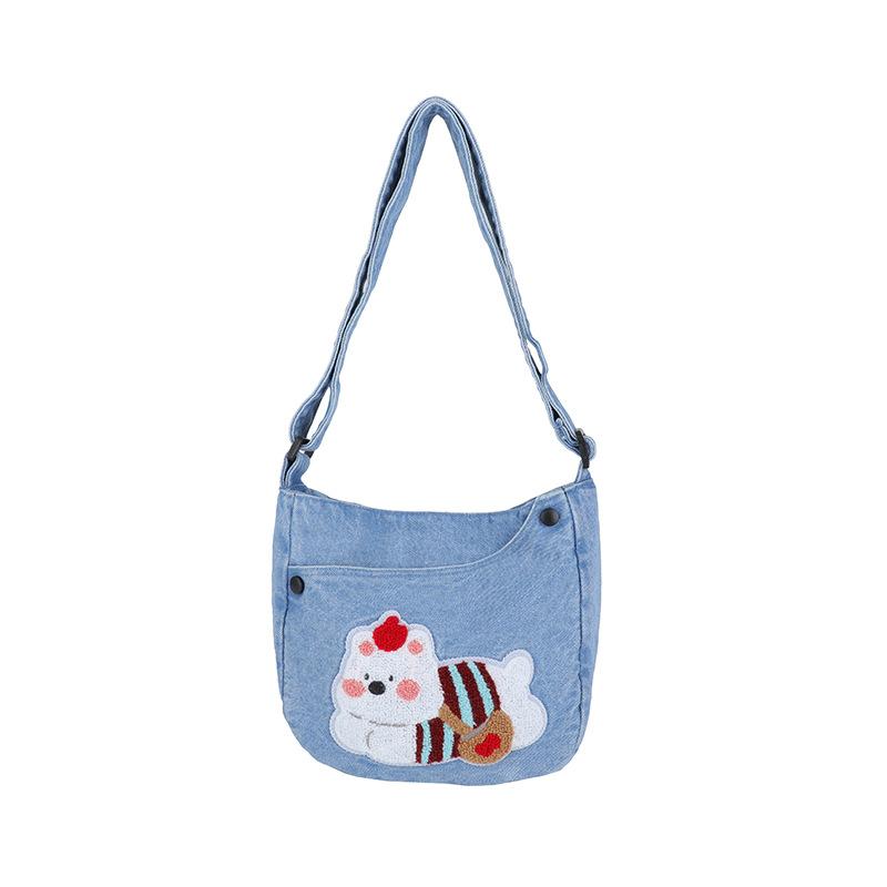 Вышитая джинсовая сумка-тоут большой вместимости для поездок на работу, мультяшная нишевая художественная ретро сумка через плечо светло-синий