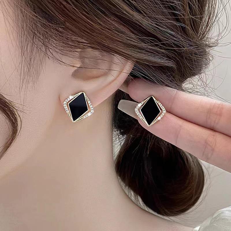 Korean Rhinestone Enamel Rhombus Earrings - Unique, Light Luxury Design