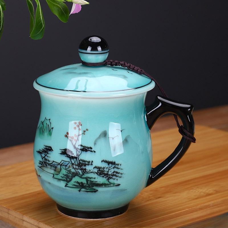 

Hand Painted Celadon Tea Cup with Lid Ceramic Mug Office Home Gift Personal Drinking Cup 301-400ml