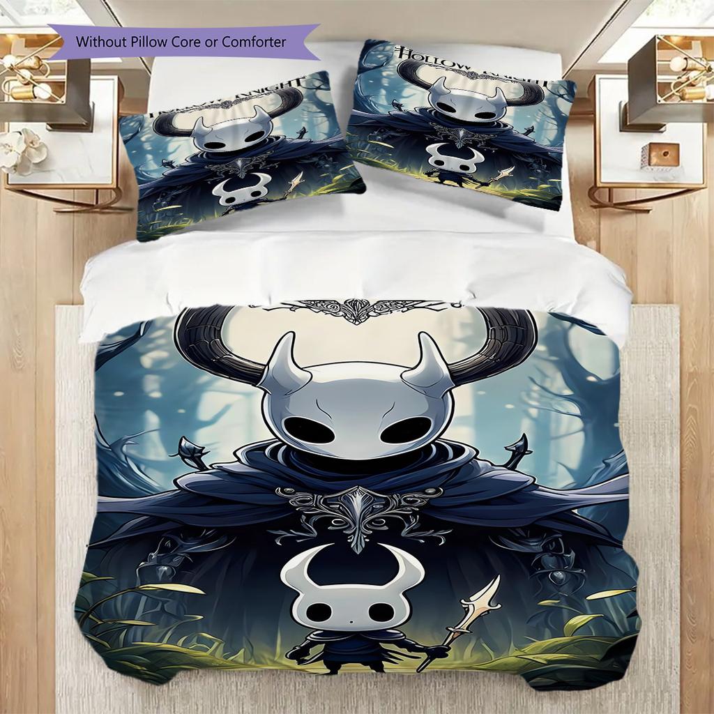 Ropa de cama del Reino de Hollow Knight (1 * funda nórdica + 2 * fundas de almohada, sin núcleo) Juego de cama plano 2D Funda nórdica y funda de almohada Suave y cómodo