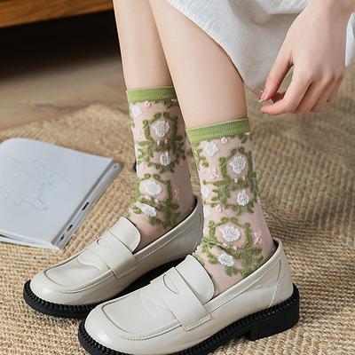 Summer Ultra-thin Crystal Silk Socks Floral Embroidery Harajuku Retro Elastic Long Socks Mesh Fishnet Transparent Lace Socks