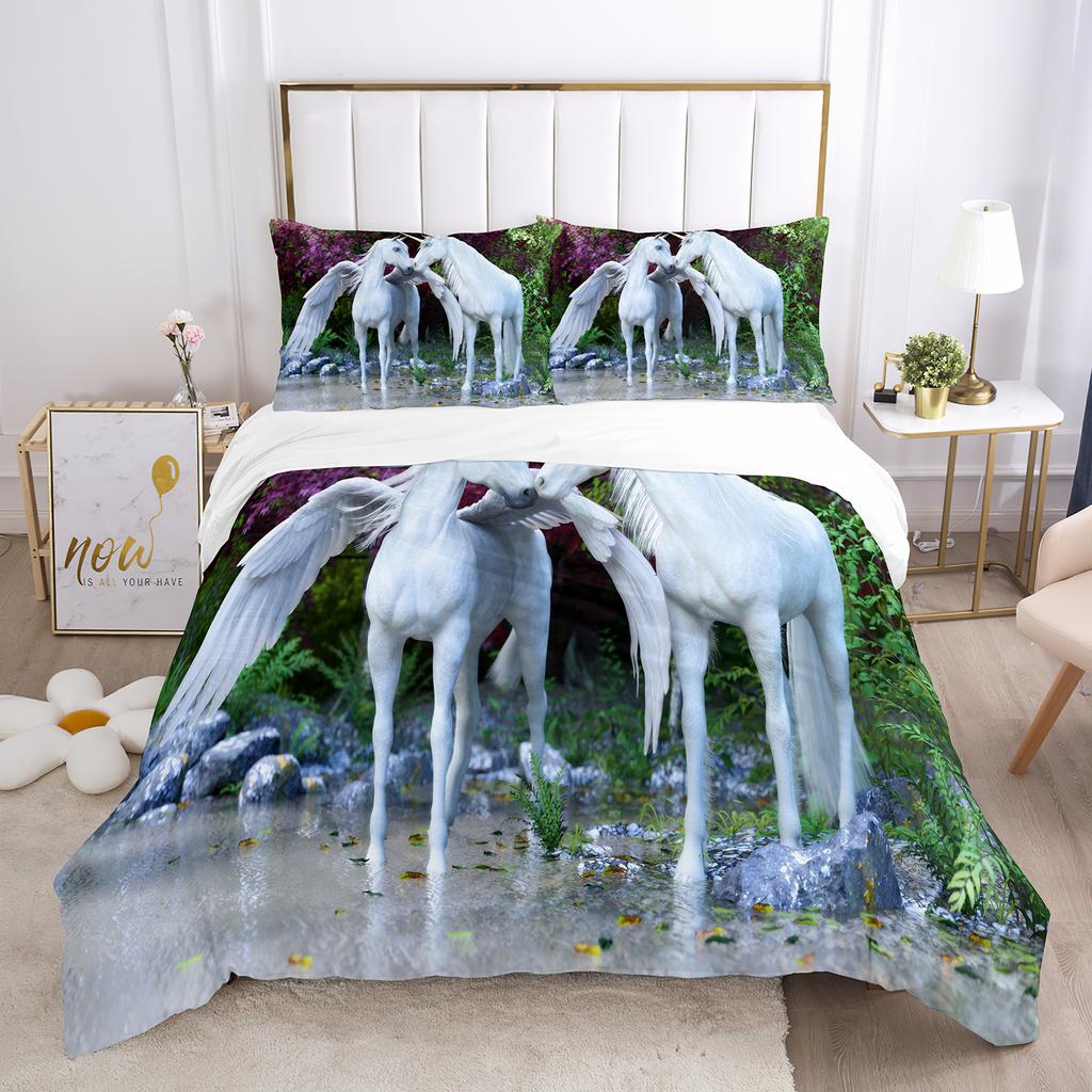 Unicorn Duvet Cover Set White Horse with Wing 3D Print King Size Polyester Comforter Cover for Kids Bedding Set with Pillowcase