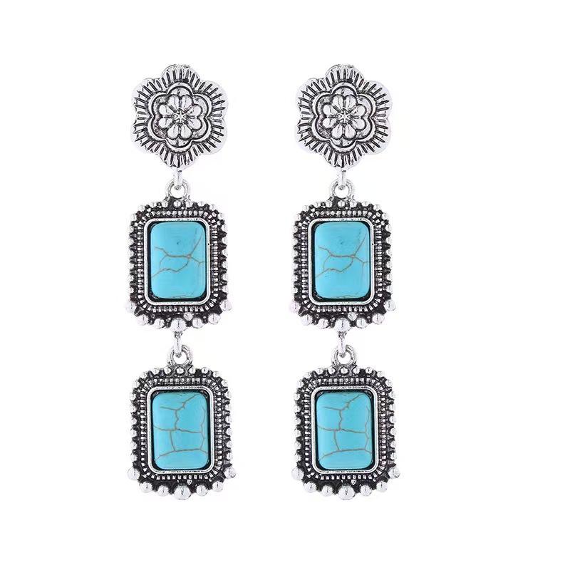 Flower Square Turquoise Earrings, High-End Retro Ethnic Style Earrings, Women'S Bohemian Style Earrings.