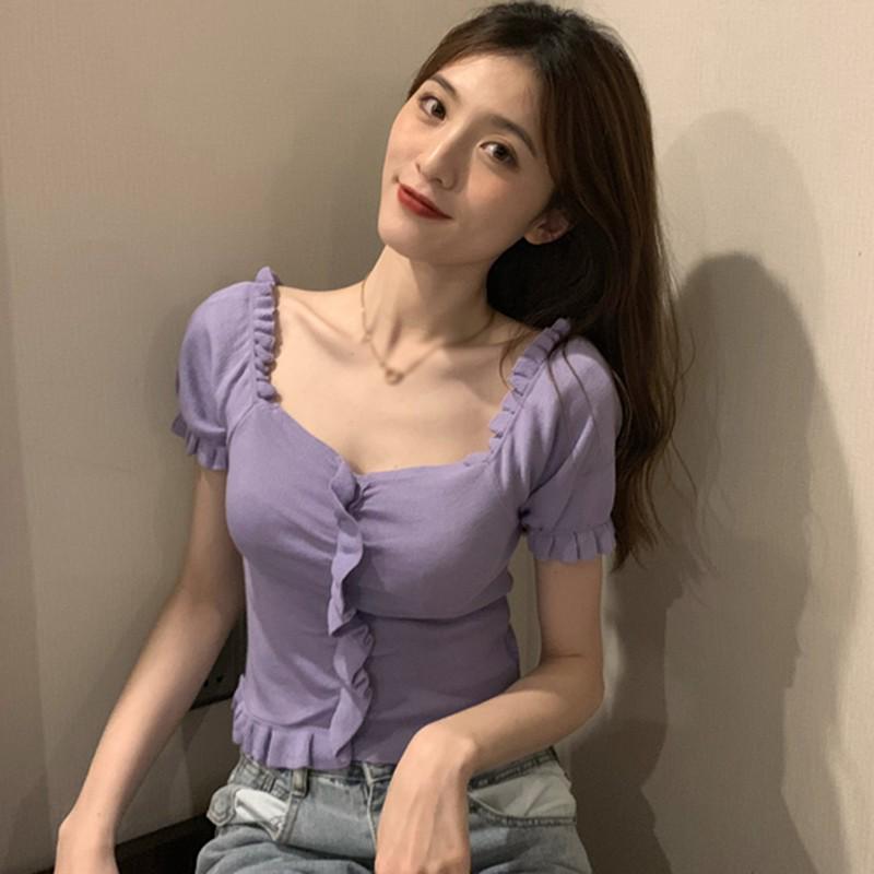 Women Solid Color Short Sleeved V Neck Slim Knitted Tops Summer Basic Wild Wind Tops